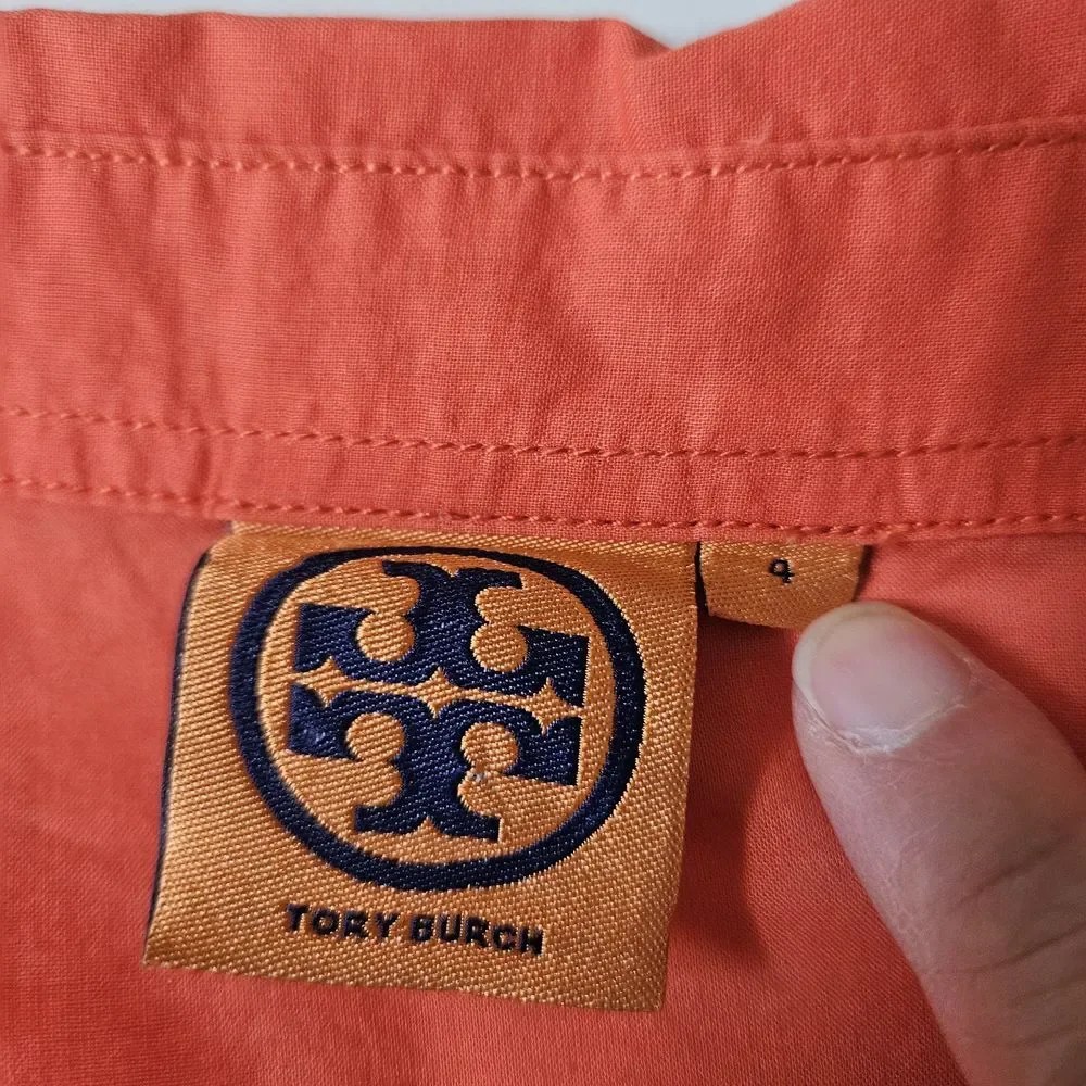 Tory Burch Top Womens 4 Gold Buttons Up Tangerine Red Orange Cotton Preppy Shirt